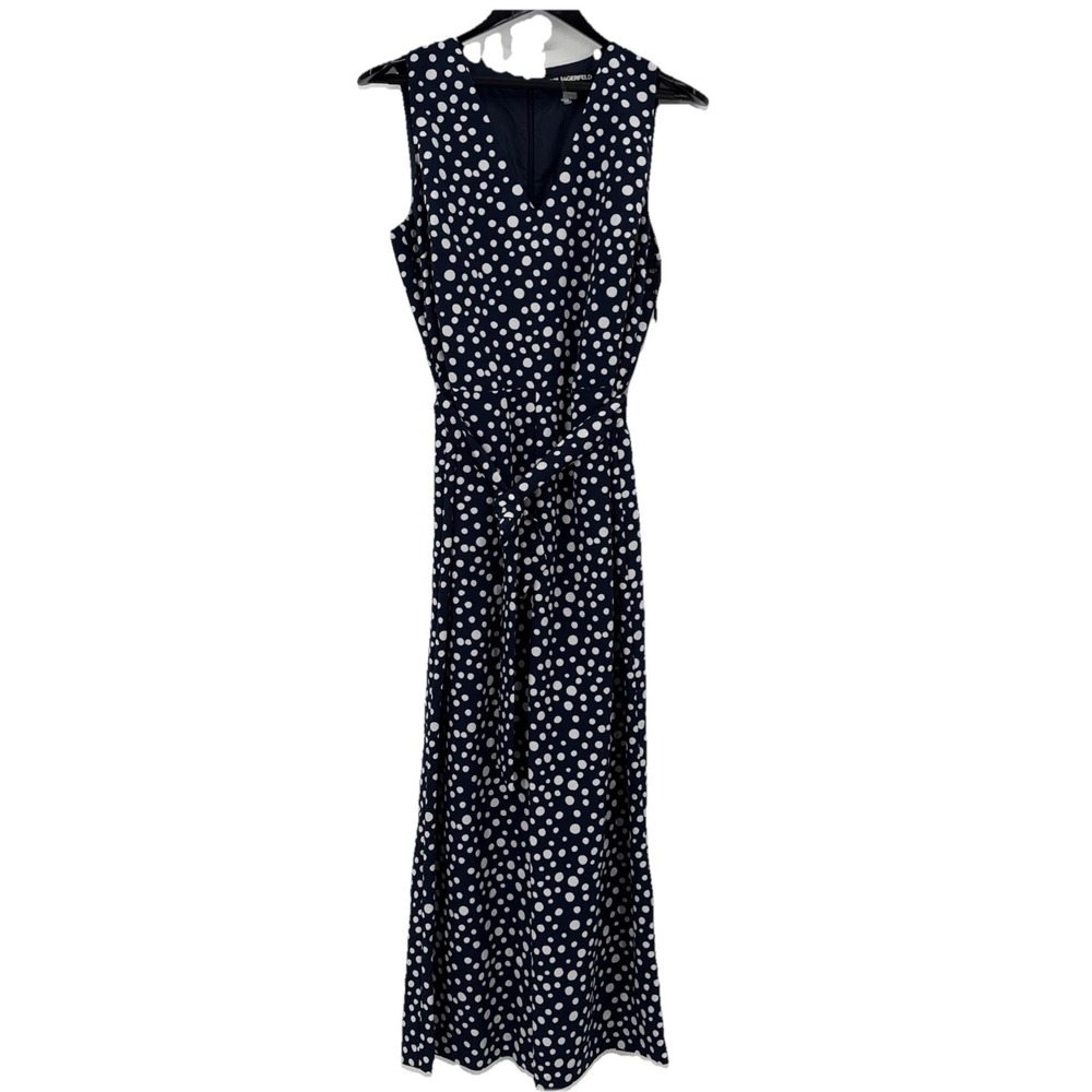 KARL lagerfeld PARIS SLEEVELESS CROP JUMPSUIT BELTED BLUE WHITE POLKA DOT NEW 12